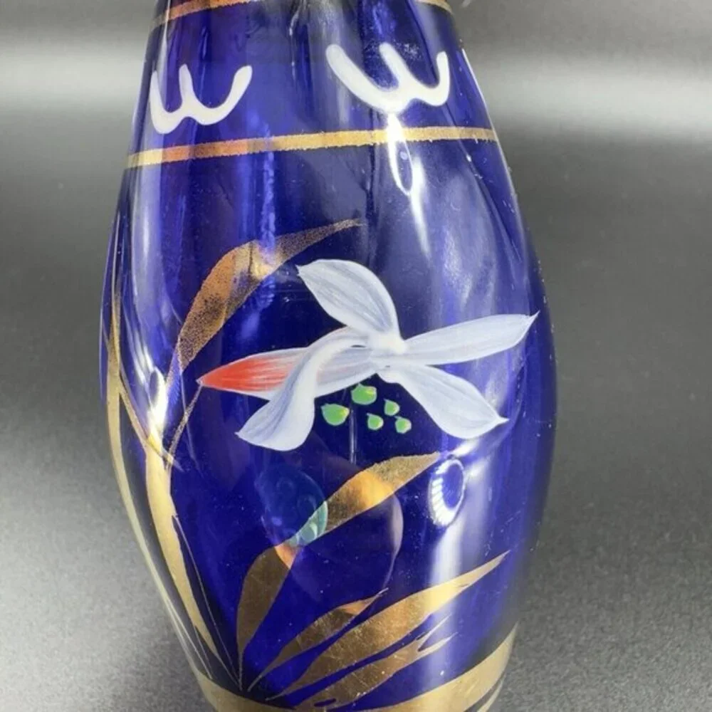 Vintage Bohemian‎ Art Glass Vase Vessel With Hand Painted Flowers Czech Vase VTG